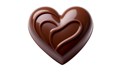 Close-up of a glossy, heart-shaped chocolate with a smaller swirl-decorated heart