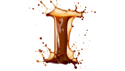 Liquid caramel-colored "I" shape exploding outward with splashes, set against black