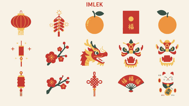 Chinese New Year Icons: Dragon, Lantern, Firecrackers, Oranges, Lucky Cat, Fan