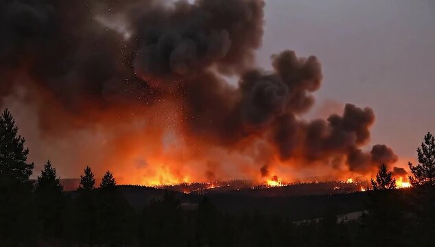 Raging Wildfire Massive Flames and Dark Smoke Natural Disaster