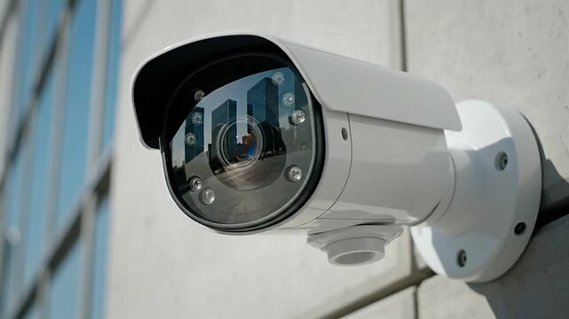 Close up of a white security camera with city building reflections on a modern building exterior for urban surveillance concept and public safety