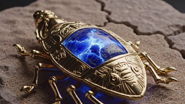 Ornate golden scarab artifact glowing with blue energy resting on cracked dry earth for ancient technology concept and divine power