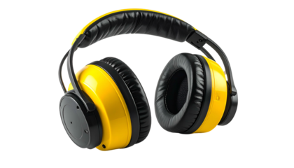 A pair of over-ear headphones, featuring bright yellow earcups and black padding