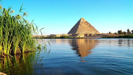 The Great Pyramid of Giza reflected in the tranquil Nile river, surrounded by green reeds for ancient Egypt travel concept and historical heritage