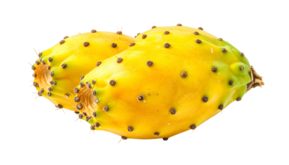 Two vibrant yellow prickly pears, oval with brown spots, against black background