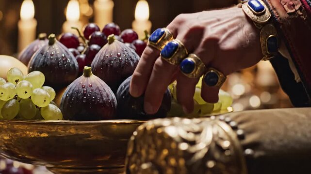 Opulent hand adorned with golden rings taking a fresh fig from a lavish fruit bowl for an ancient royalty concept and decadent indulgence