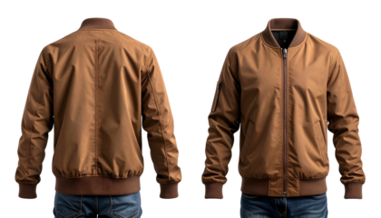 Rendered brown bomber jacket, front and back views against a black background