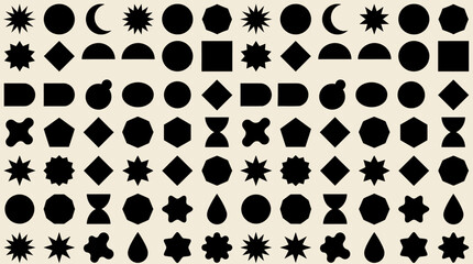 Fototapeta premium Collection of black geometric shapes and icon silhouettes arranged in a grid on white background
