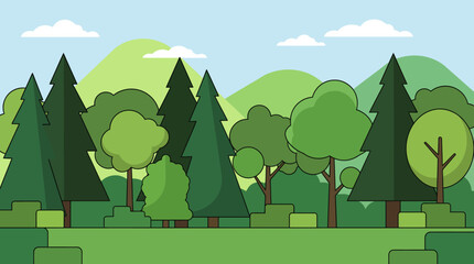 Fototapeta premium Cartoon forest landscape with evergreen and deciduous trees, rolling hills, and distant mountains under a bright blue sky