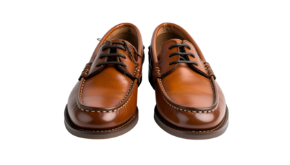Two brown leather boat shoes, seen from a front, slightly angled perspective