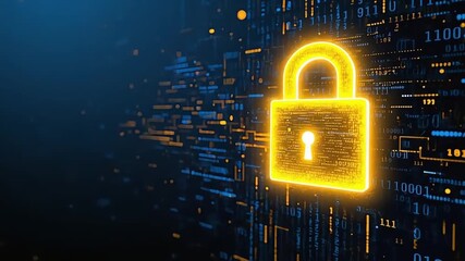 Glowing digital golden padlock with streaming binary code data on dark blue background - Powered by Adobe