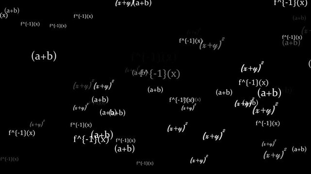 Mathematical formulas particle failing with dust animation on black background. maths formula text camera zooming animation. Maths calculations functions equations concept.