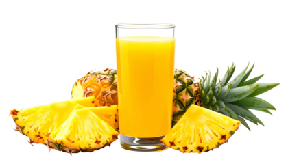 A tall glass of golden juice with cut and whole fruit against a black background