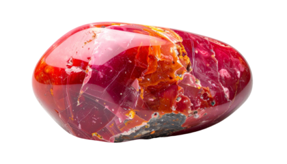 Polished, smooth gemstone with vibrant red and orange hues, showing internal layers