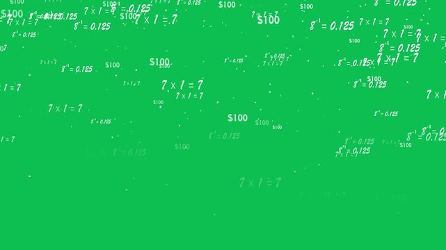 Mathematical formulas particle failing with dust animation on green screen background. maths formula text camera zooming animation. Maths calculations functions equations concept.
