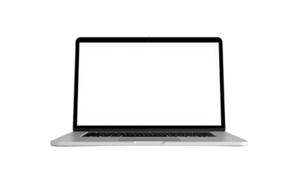 A silver laptop with a blank white screen on transparent background