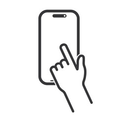 Isolated pictogram of smartphone with index finger touching screen, modern gadget device symbol for technology, communication, and digital interaction.