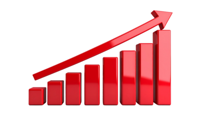 Red 3D bar chart with rising columns and an arrow pointing upward on black