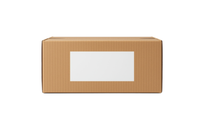 A brown cardboard box with a white label on transparent background