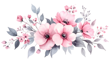 Watercolor floral arrangement with pink blooms, grey leaves, and small berries on black background