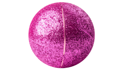 Vivid pink orb split down the middle with a line, textured surface on black