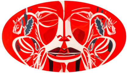 A vibrant abstract composition within an oval, featuring a face and stylized horse elements