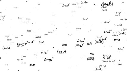 Mathematical formulas particle failing with dust animation on white background. maths formula text camera zooming animation. Maths calculations functions equations concept. - Powered by Adobe