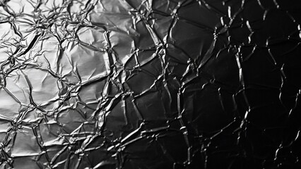 Monochrome Crumpled Metallic Foil Texture with Light and Shadow Contrast