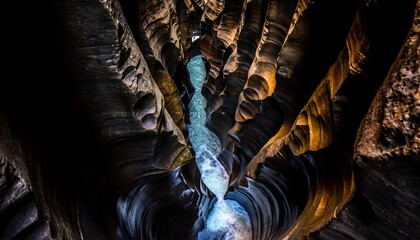 Mysterious underground cave with flowing water and unique rock formations.