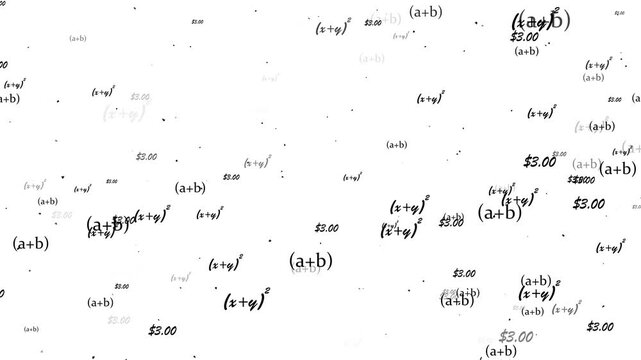 Mathematical formulas particle failing with dust animation on white background. maths formula text camera zooming animation. Maths calculations functions equations concept.