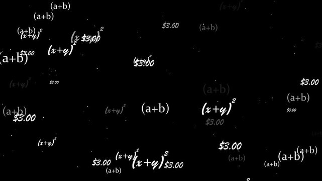 Mathematical formulas particle failing with dust animation on black background. maths formula text camera zooming animation. Maths calculations functions equations concept.