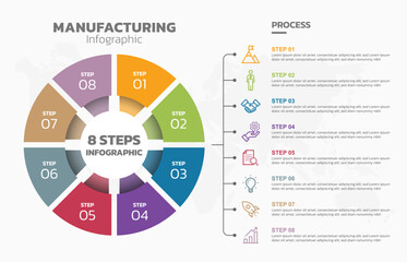Visual data presentation. Cycle diagram with 8 options. Pie Chart Circle infographic template with 8 steps, options, parts, segments. Business concept. Marketing infographic vector illustration.