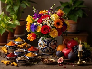 Vibrant flowers and fruits arranged with colorful spices on a wooden table indoors