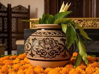 Beautifully decorated clay pot with green leaves and orange flowers on a table