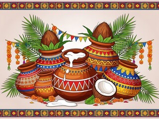 Vibrant traditional indian festival pots and coconut decoration arrangement