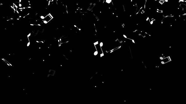 Music notes flying from up to down. music overlays, backgrounds, and video editing concept. Musical note streaming up on black background. 