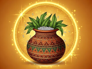 Vibrant illustration of a potted plant with green leaves and decorative pot