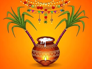 Traditional indian pongal pot with decorative palm leaves and colorful lights