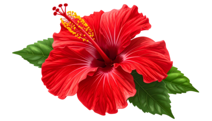 Vivid digital illustration of a large, red hibiscus bloom with green leaves against black