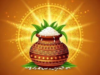 Traditional indian decorative pot with rice and green leaves on orange background