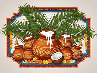 Traditional indian festival decoration with clay pots and palm leaves on colorful background