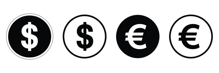 Obraz premium Dollar and Euro Currency Icon Set, Vector Symbols Representing Money, Finance, Wallet, Payment, and Banking Concepts for Digital Applications