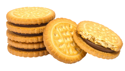 Stacked and separated golden sandwich cookies with chocolate filling. One bitten