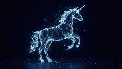 A digital representation of a unicorn, constructed from interconnected points, standing proud
