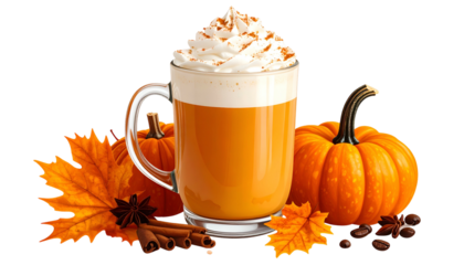 Autumn-themed image glass cup with beverage & whipped cream, pumpkins, leaves, and spices