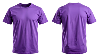 Front and back views of a plain, purple, short-sleeved t-shirt isolated on black