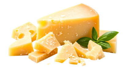 A heap of cheese chunks with basil leaves. Cubes of yellow dairy product