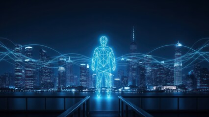 A glowing wireframe figure stands before a digital city skyline, connected by flowing lines