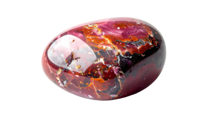 Polished, egg-shaped gemstone features deep reds, oranges, and purples, set against black backdrop
