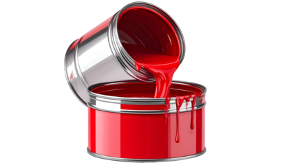 Two open paint cans, one pouring vibrant red liquid into the other, creating a colorful scene